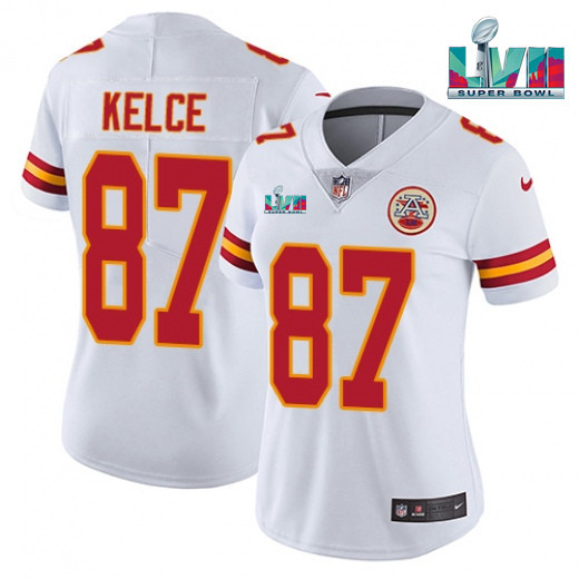 Women's Kansas City Chiefs #87 Travis Kelce White Super Bowl LVII Patch Vapor Stitched Jersey(Run Small)
